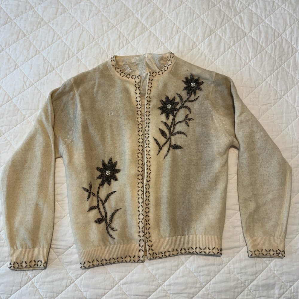 Cream and Black Bead Embroidered Cardigan Sweater